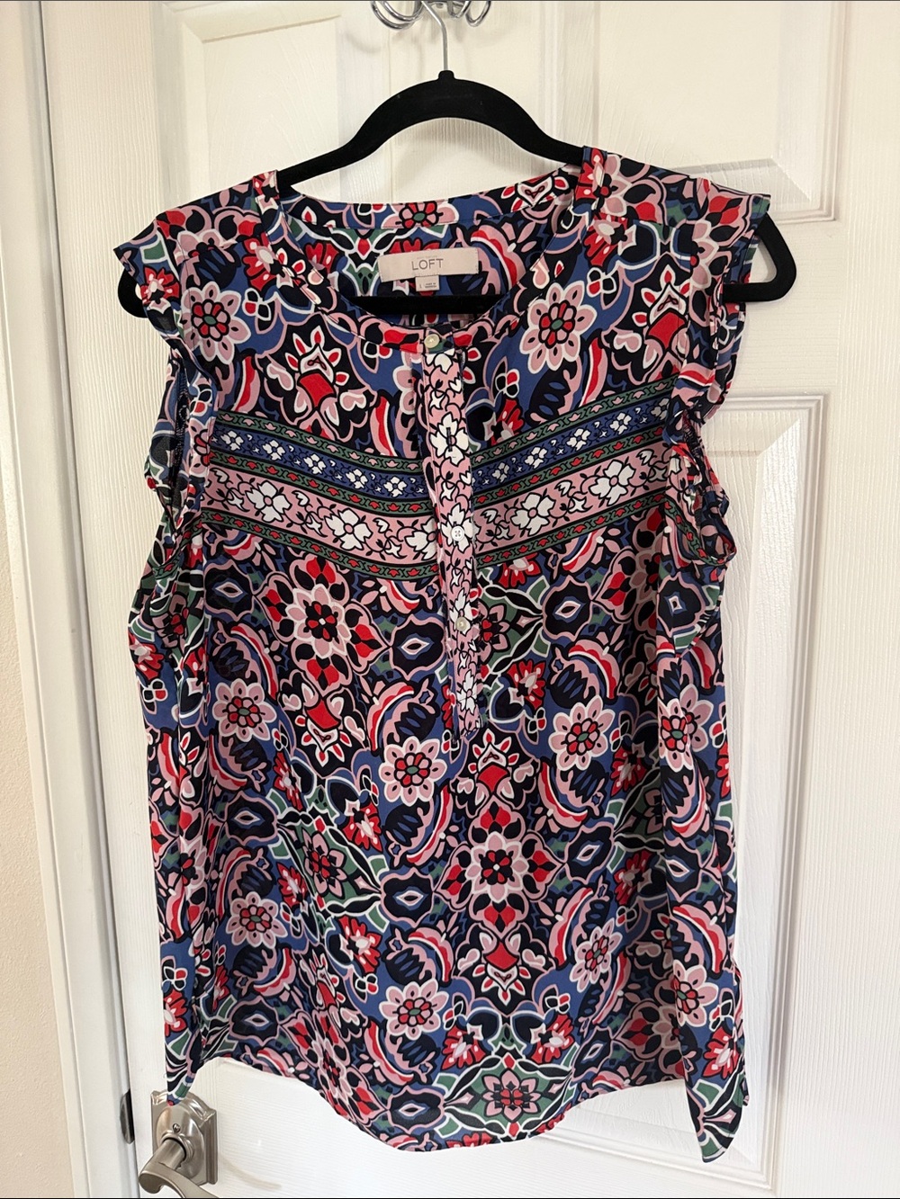 LOFT Navy, Pink & Red Floral Sleeveless Yoke Top